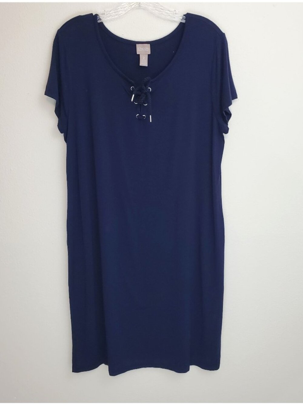 Chico's short sleeved lace up jersey knit dress, navy